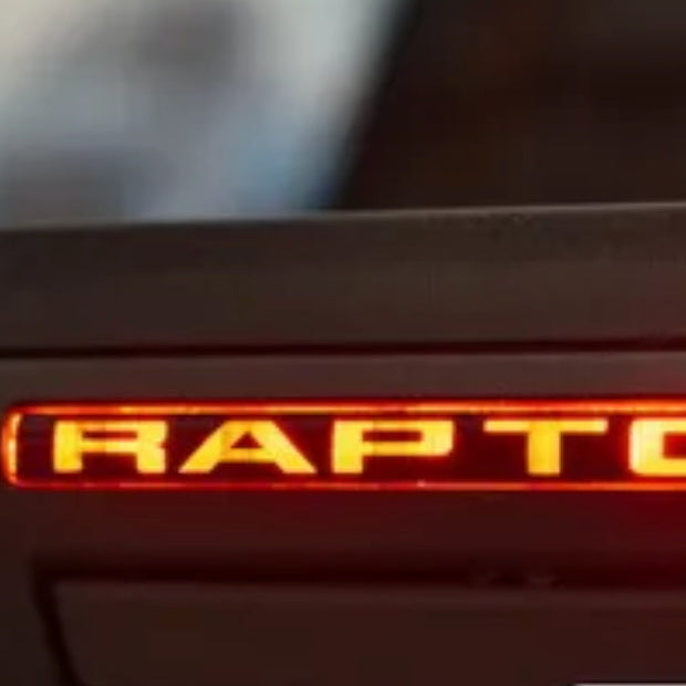 Close-up of a 'Raptor' logo on a dark background